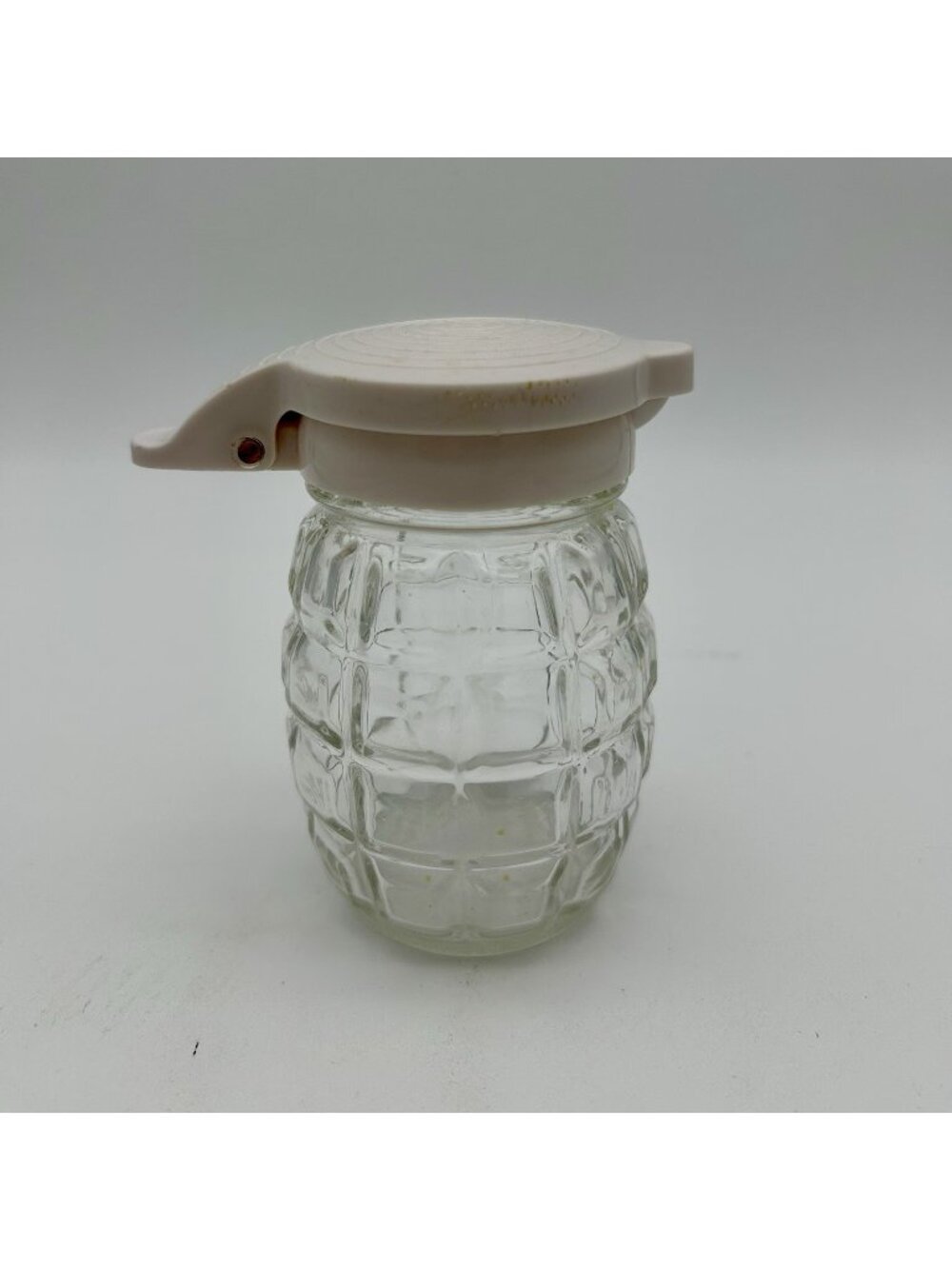 Vintage Clear Waffle Textured Glass Syrup Dispenser w/ Off-White Lid-4"
